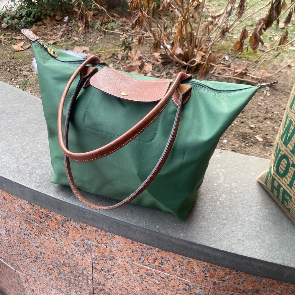 LONGCHAMP Frm ROMANIA GENUINE DEEP GREEN BROWN NYLON LEATHER GORG TOTE Bag  LUX